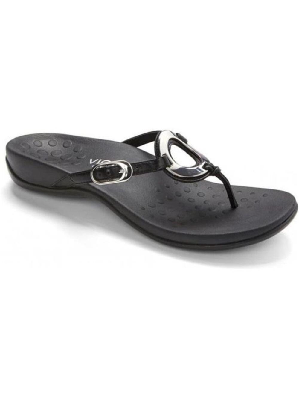 Vionic Karina flip-flop black thong sandals arch support silver metal accent 10